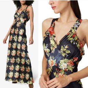 PACO RABANNE Rose Print Sleeveless Ruffle V-Neck Satin Racerback Maxi Dress Sz 2